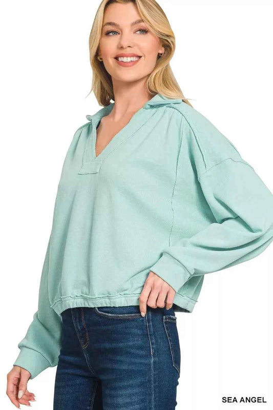 Zenana French Terry Collared Exposed Seam Sweatshirt SEA ANGEL 598f55d633f746daae07458ce9f73a77-Max-Origin
