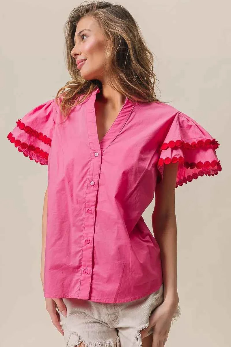 BiBi Dot Trim Flutter Sleeve Notched Top 598fb4daadb143fba8f71bbe2167a1fc-Max-Origin