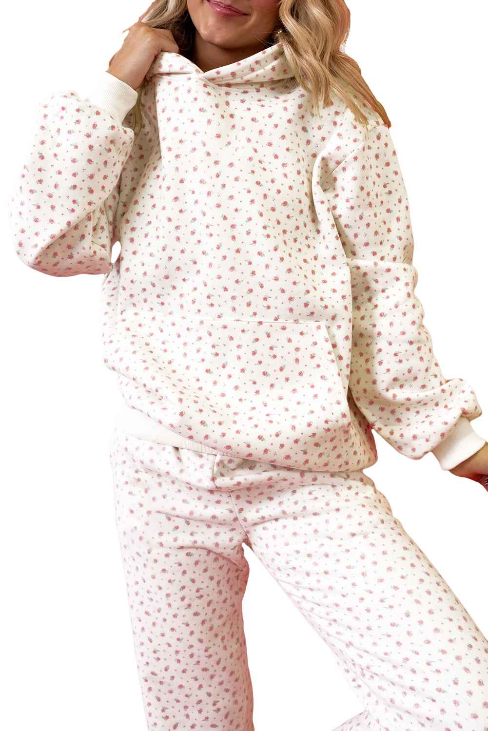 Pink Floral Kangaroo Pocket Hoodie Pants Set 599cbb5c3d9e4e49