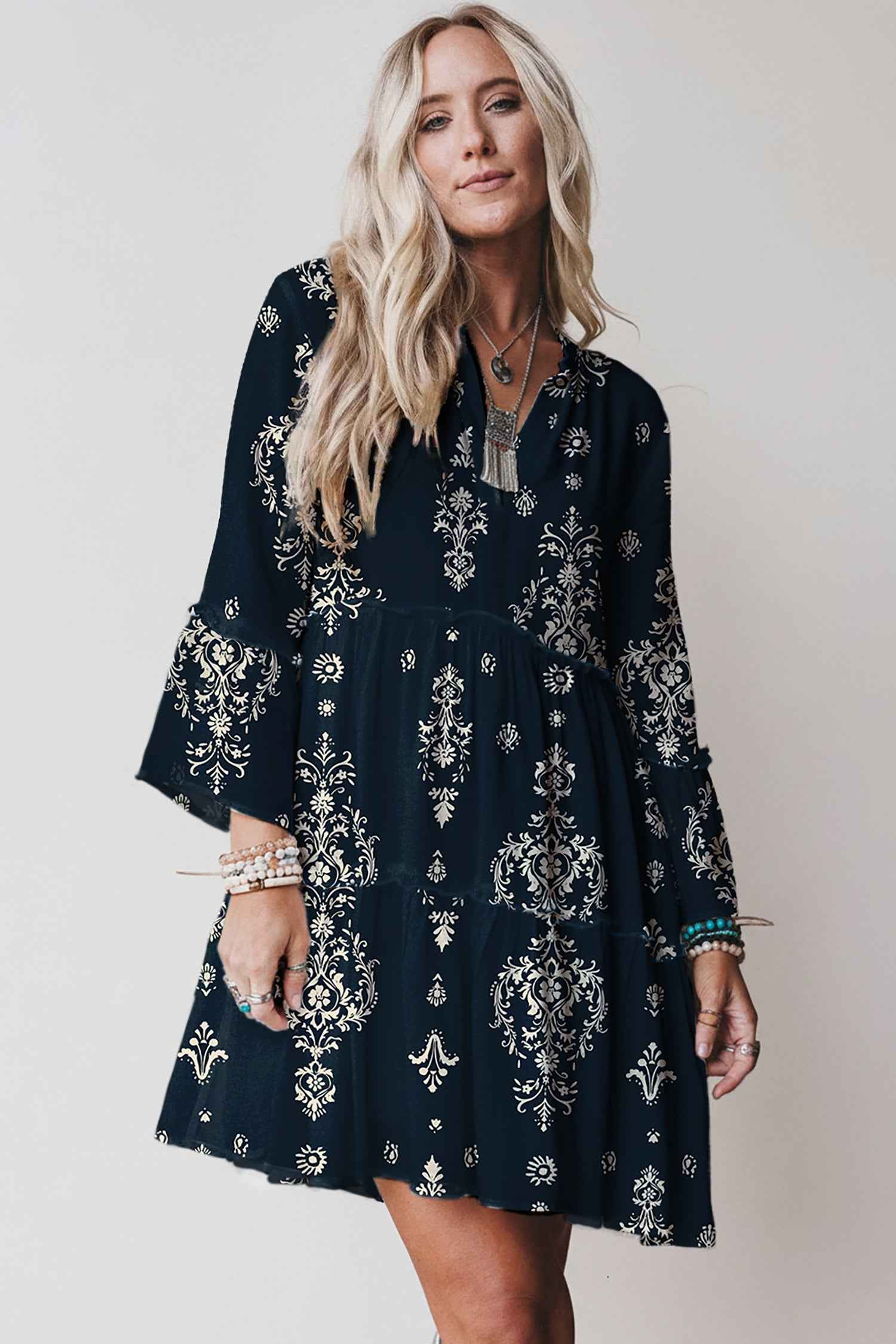 Sky Blue Boho Floral Print Lettuce Trim 3/4 Sleeve Mini Dress 599cc3c767f8ce92