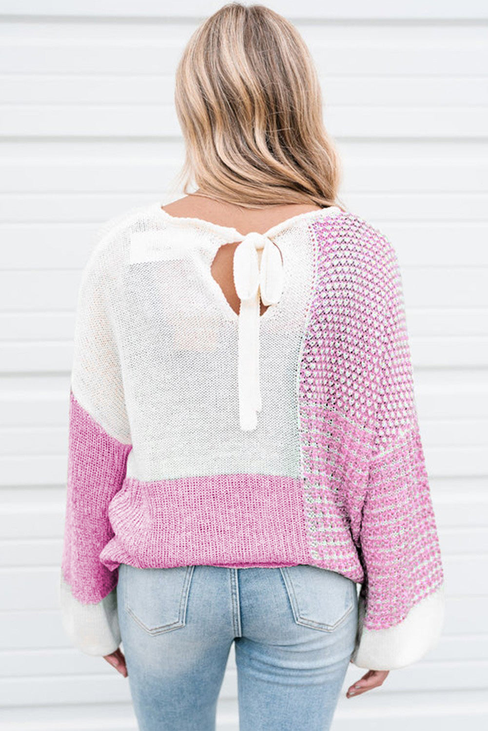 Pink Colorblock Tie Back Drop Shoulder Knit Sweater 599d7b25aefec75a