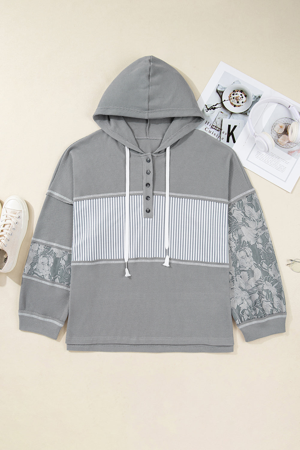 Gray Mixed Waffle Knit Patchwork Henley Plus Size Hoodie 599e4b708c7bab75