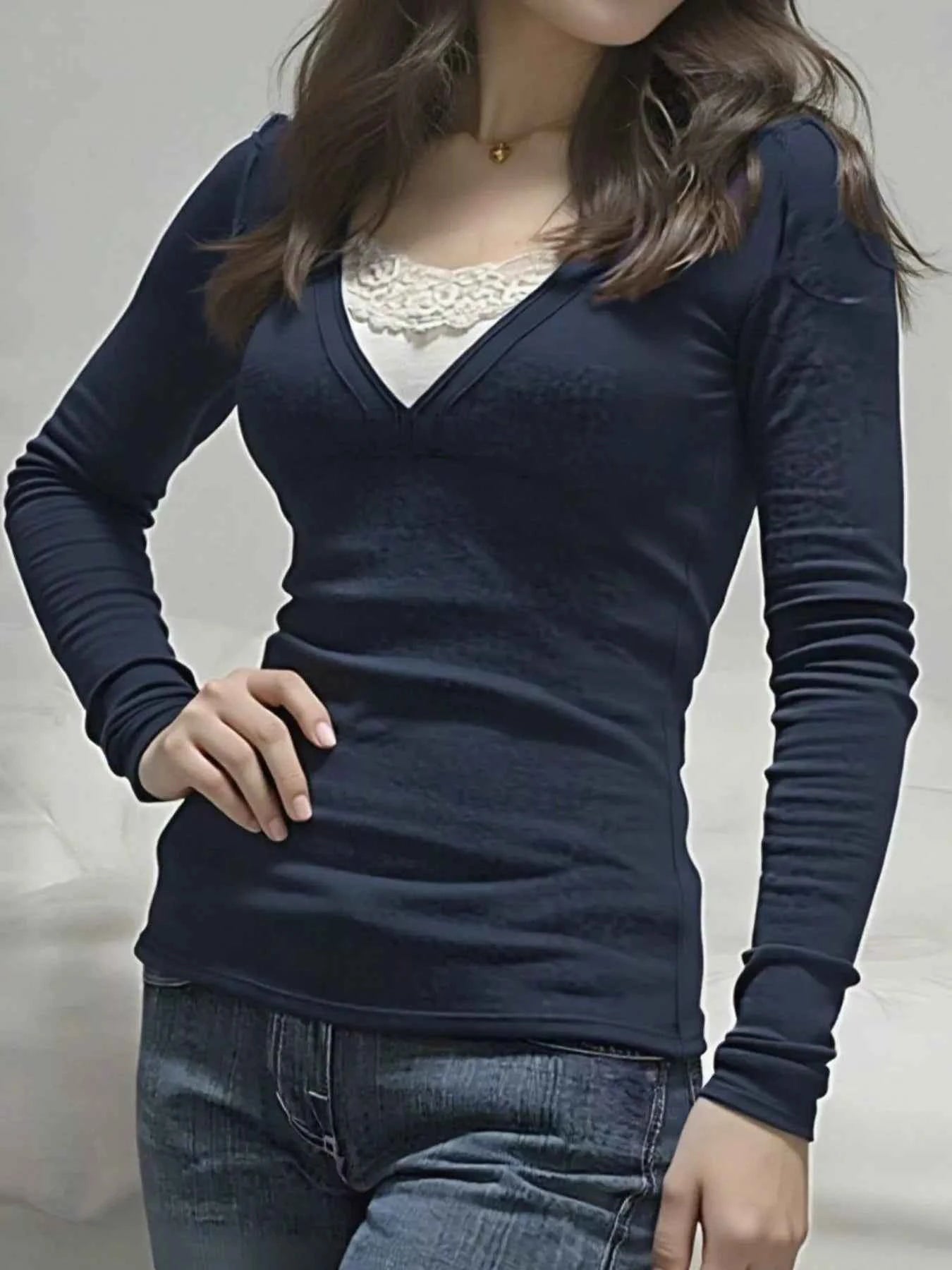 Long Sleeve T-Shirt with Lace Detail Dark Blue 599edb8f-cf52-44f5-93a4-fb3c415732a6-Max-Origin