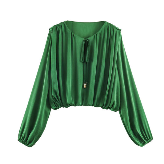 Textured Balloon-Sleeve Zip Shirt