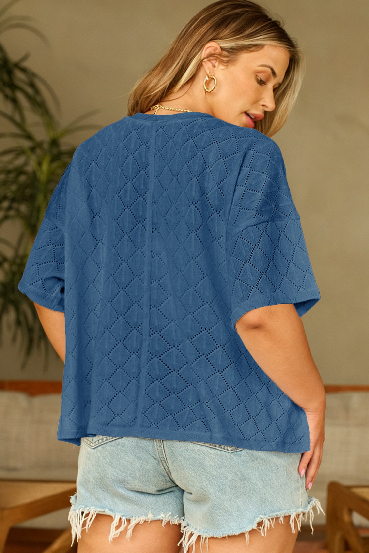 Black Pointelle Rhombus Knit Plus Size V Neck Loose Top 59a05d1186d5c1fb