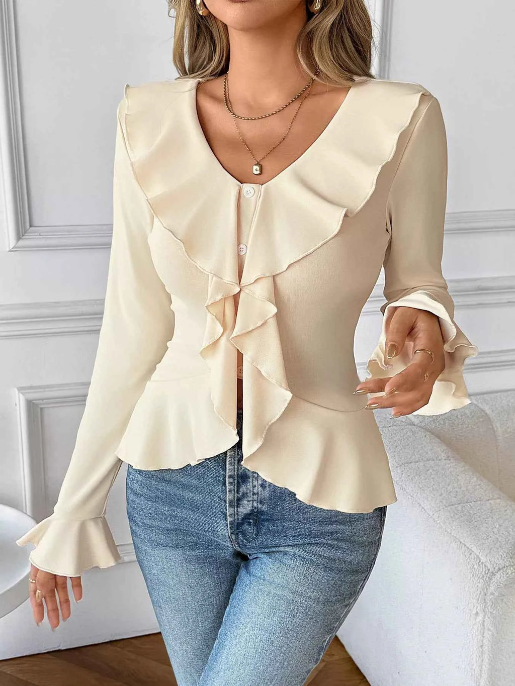 Ruffled Flounce Sleeve Blouse Apricot 59a1f1601cf842e799ec3189ede3a138-Max-Origin