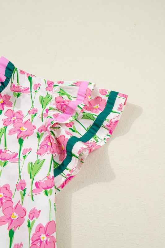 Floral Contrast V-Neck Ruffle Short Sleeve Blouse 59a2bde1-062f-4d31-92e6-a44f4f37bcce