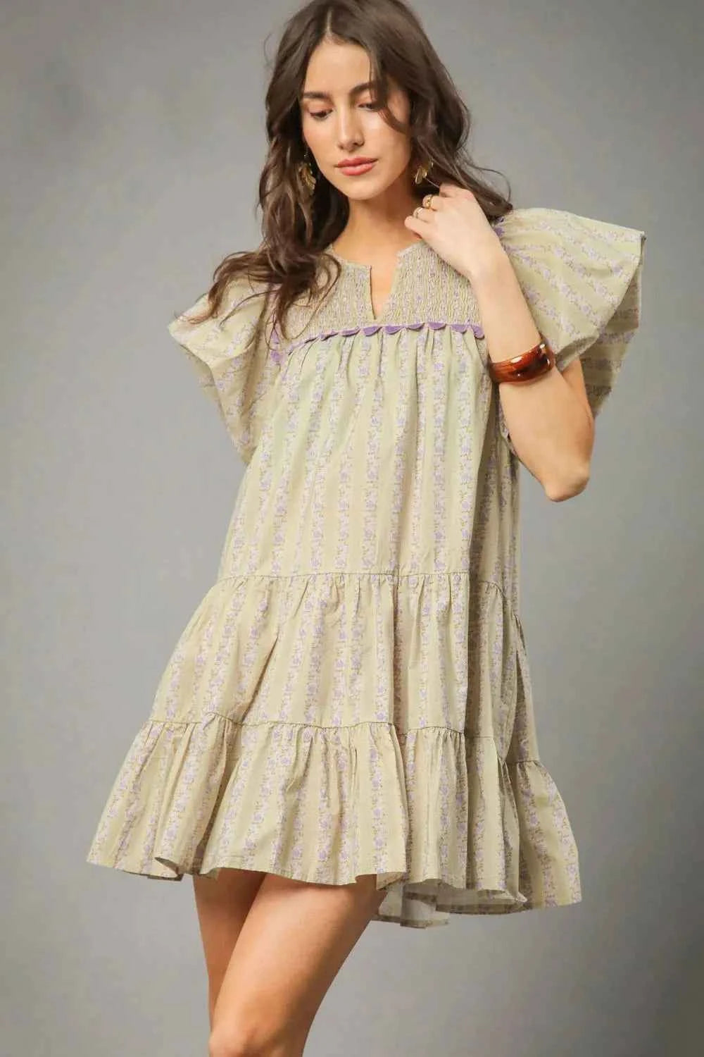 Umgee Floral Ruffled Cap Sleeve Tiered Mini Dress Sage 59a43308-99be-4462-a8d2-360f4f0bf6be-Max-Origin