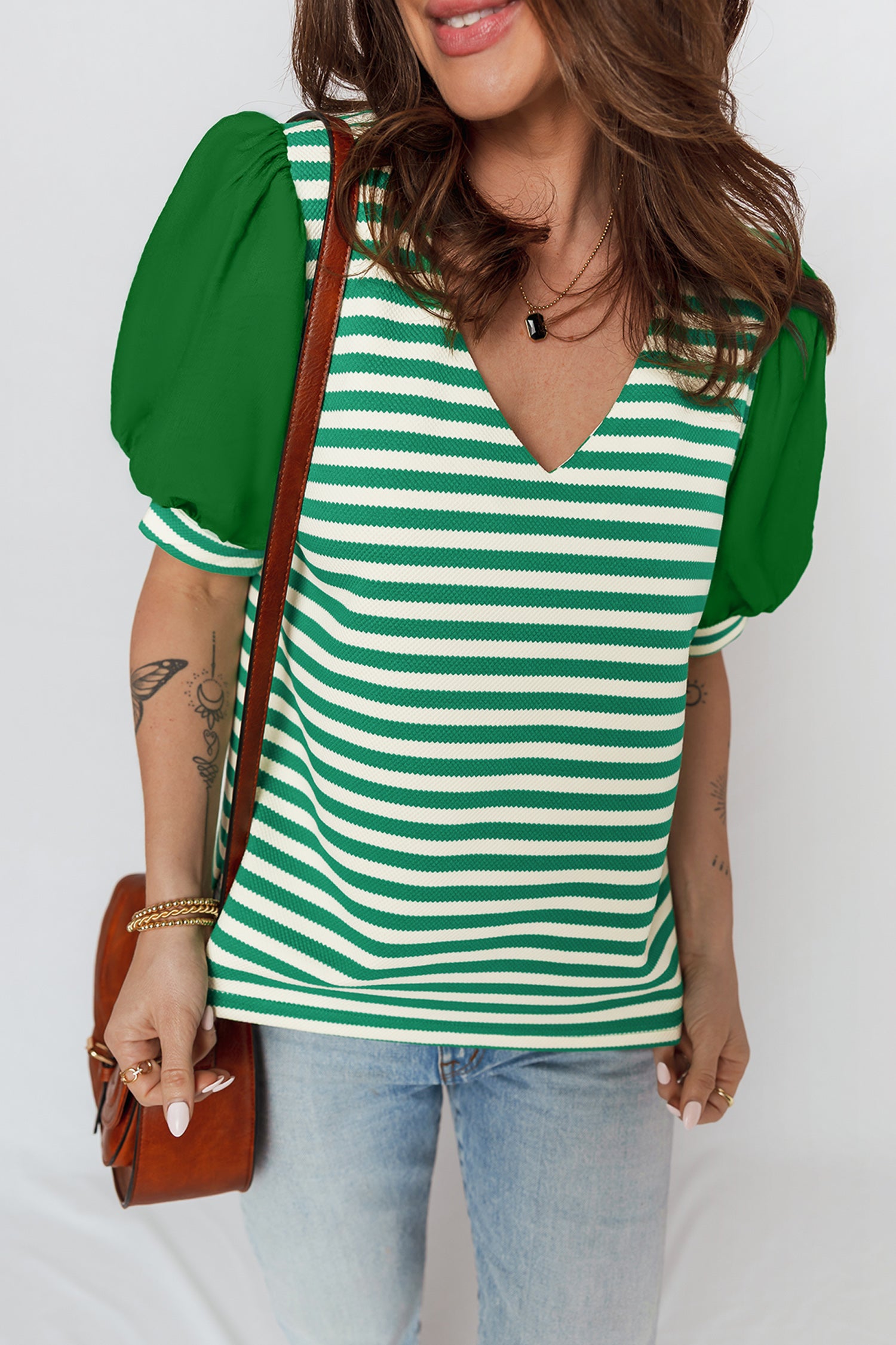 Green Stripe Puff Short Sleeve Patchwork V Neck Blouse 59a9a378bfd13e5e