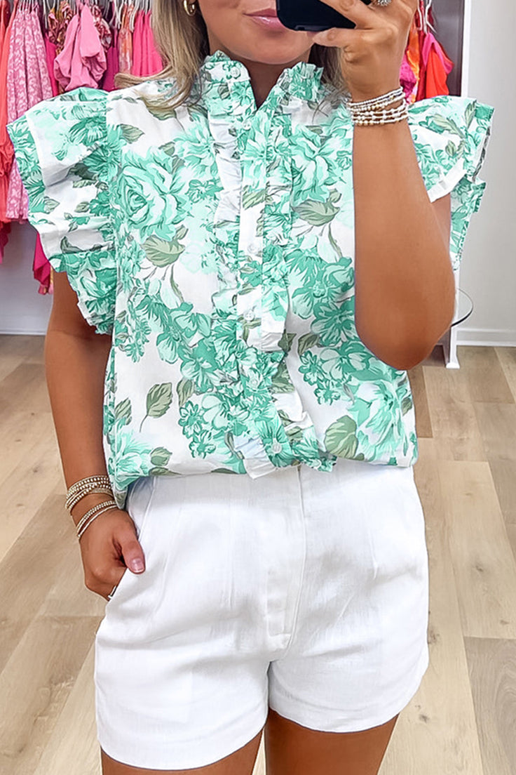 Sky Blue Floral Print Ruffle Sleeve Frill Shirt 59b33359c8372aee