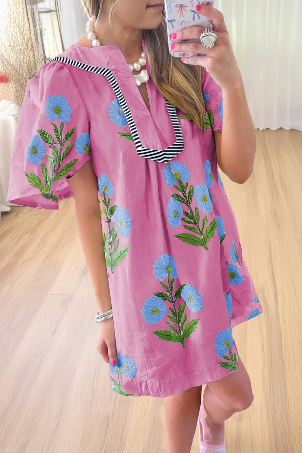 Blue Striped Trim Short Sleeve Split Neck Floral Mini Dress Rose 59b623478880f0ce