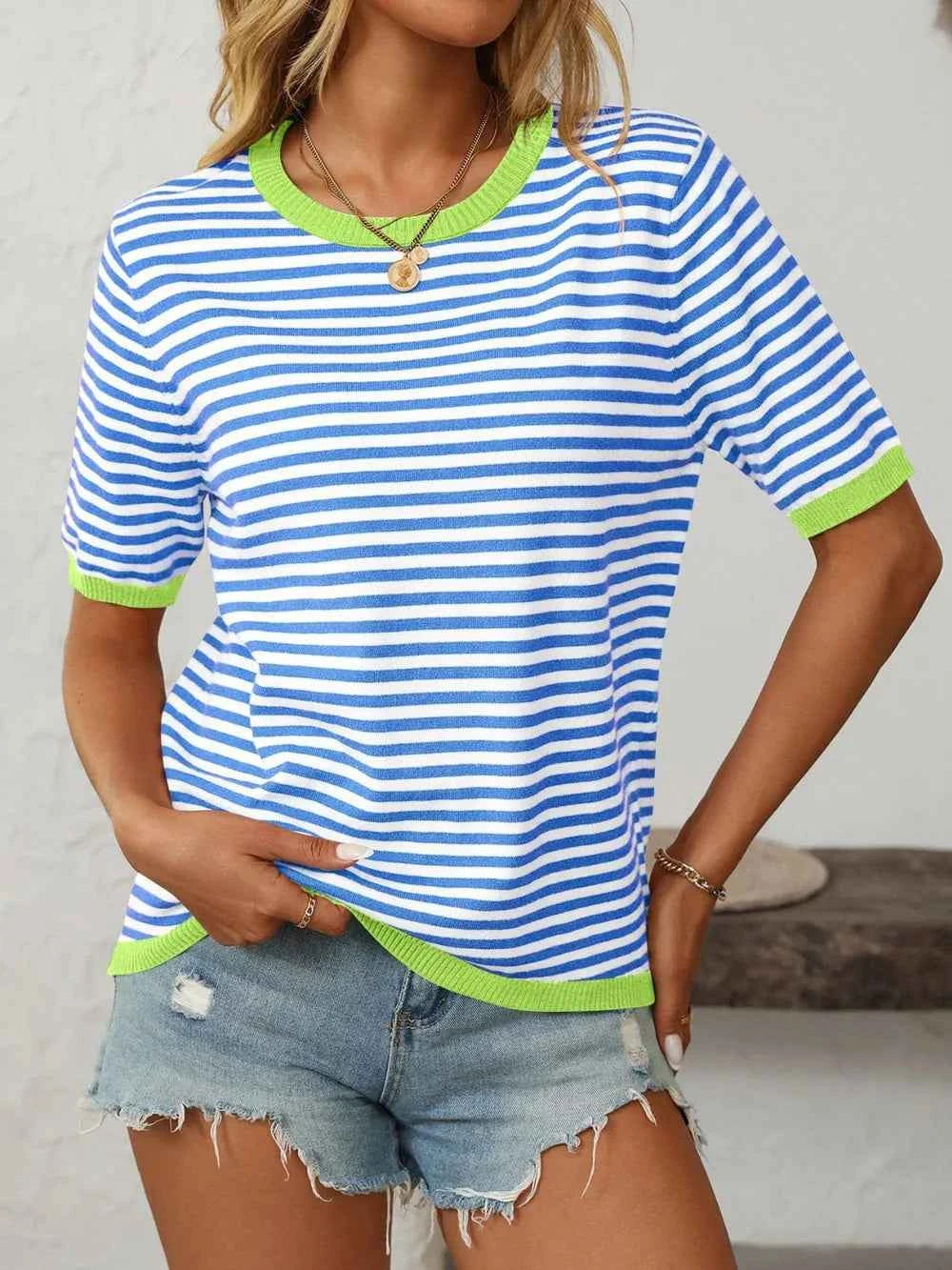Mandy Striped Round Neck Half Sleeve Knit Top 59ba7850-4e65-45ff-b3bd-e4d607c6e327-Max