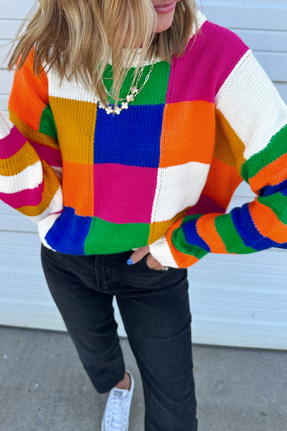 Orange Checkered Color Block Round Neck Loose Sweater 59bf2b28ad0ef28c