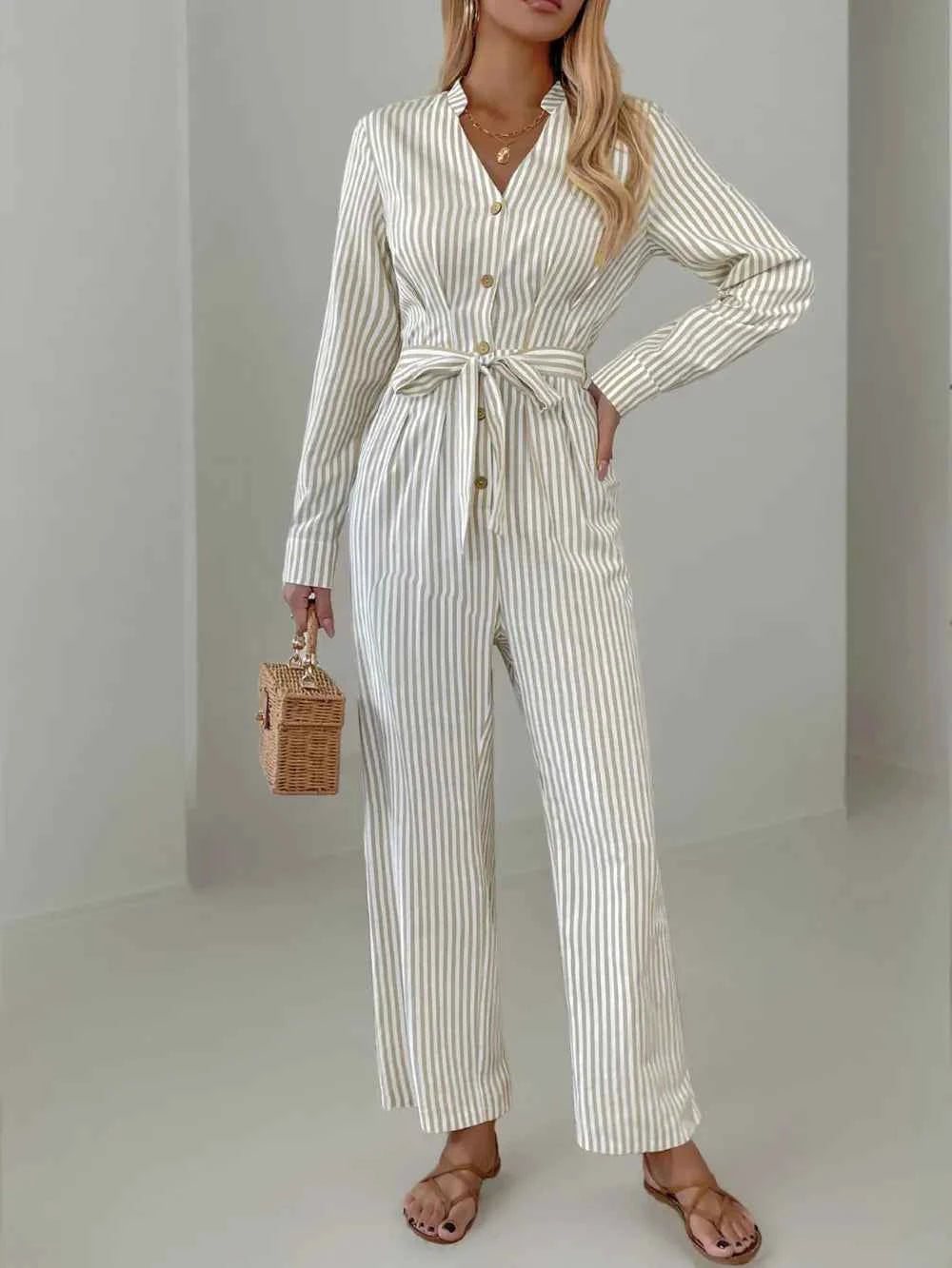 Striped Notched Long Sleeve Tie Waist Jumpsuit Beige 59c031cd-0a2b-49cd-8c6c-33c3de339ae0-Max