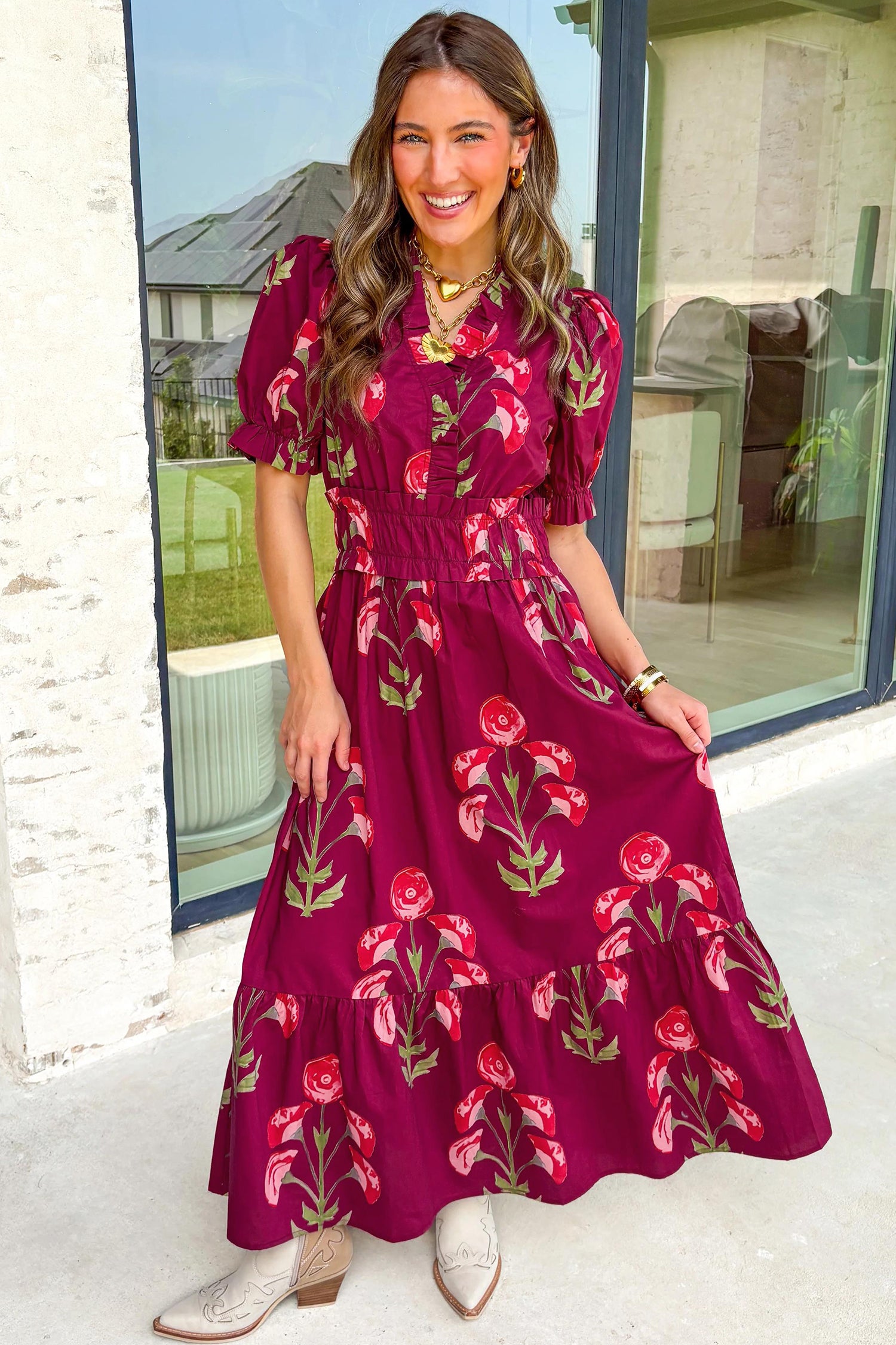 Red Floral Print Frilled V Neck Short Sleeve Ruffle Maxi Dress 59c5c65002b81f0c