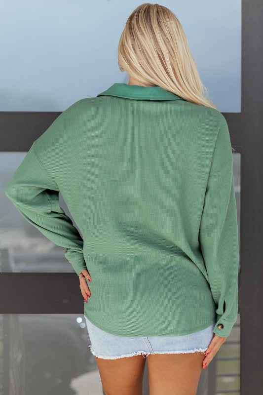 Waffle Knit Patchwork Button-Up Shirt 59c7db3e-76ef-4a0d-b775-ffded40d4eb5