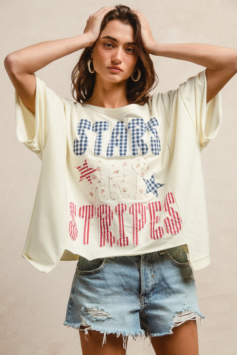 BiBi Mix And Match Stars And Stripes Patchwork Short Sleeve T-Shirt 59d128aeaf1d43fe9b109feb185ad42a-Max
