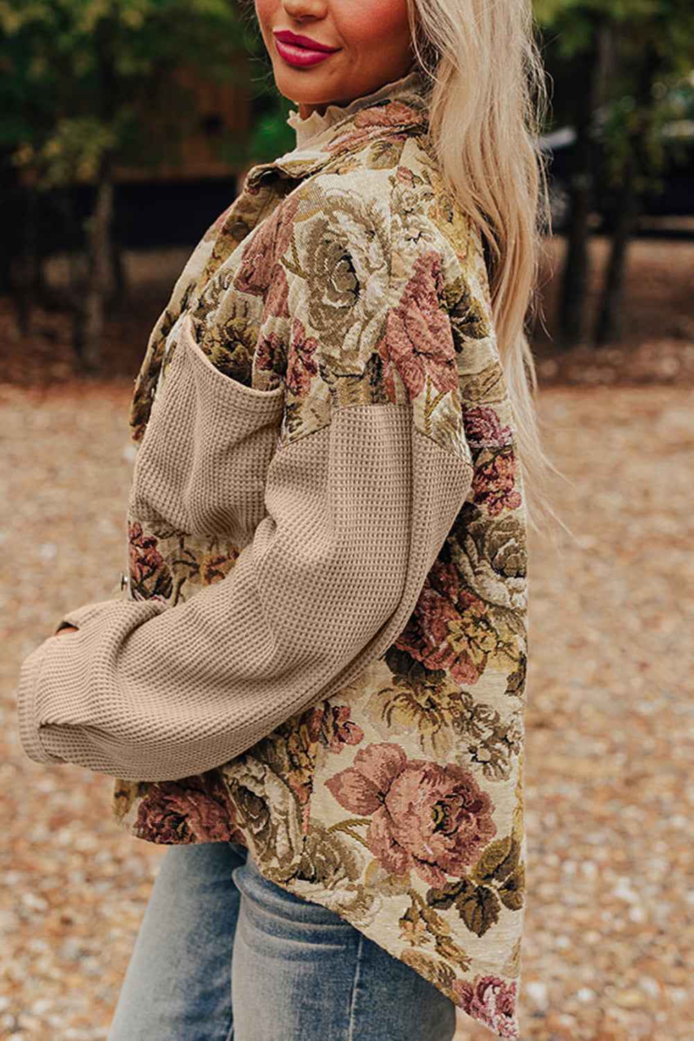 Khaki Floral Waffle Knit Patchwork Chest Pockets Buttoned Jacket 59d244e01e9248e0