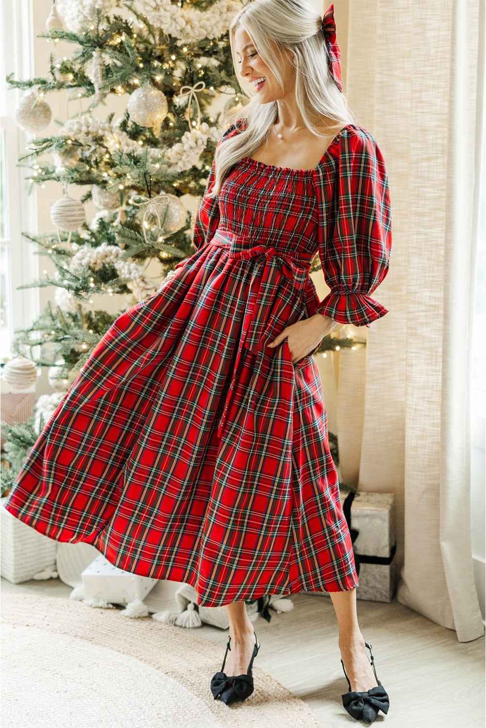 Red Plaid Square Neck Puff Sleeve Bowknot Waist Flared Midi Dress 59d2e7f5706a1db6