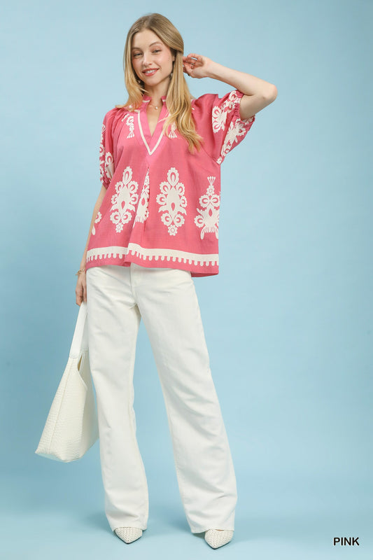Boho Print Split-Neck Short Sleeve Top 59d41868-2ef7-4970-89f5-dbf1b2b9ec6c-Max