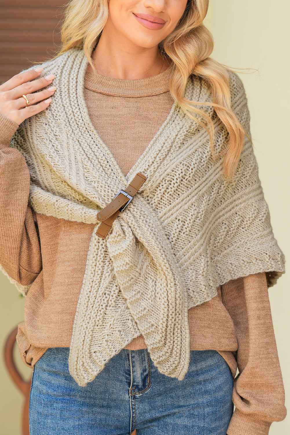 Parchment Knitted Triangle Shawl Tippet With Buckle Parchment ONE SIZE acrylic fibers 59d6eee6c3cc8069