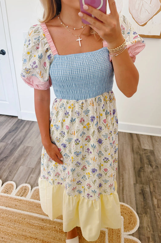 Multicolour Floral Print Striped Color Block Patchwork Square Neck Shirred Long Dress 59d9754e6a37ebbc
