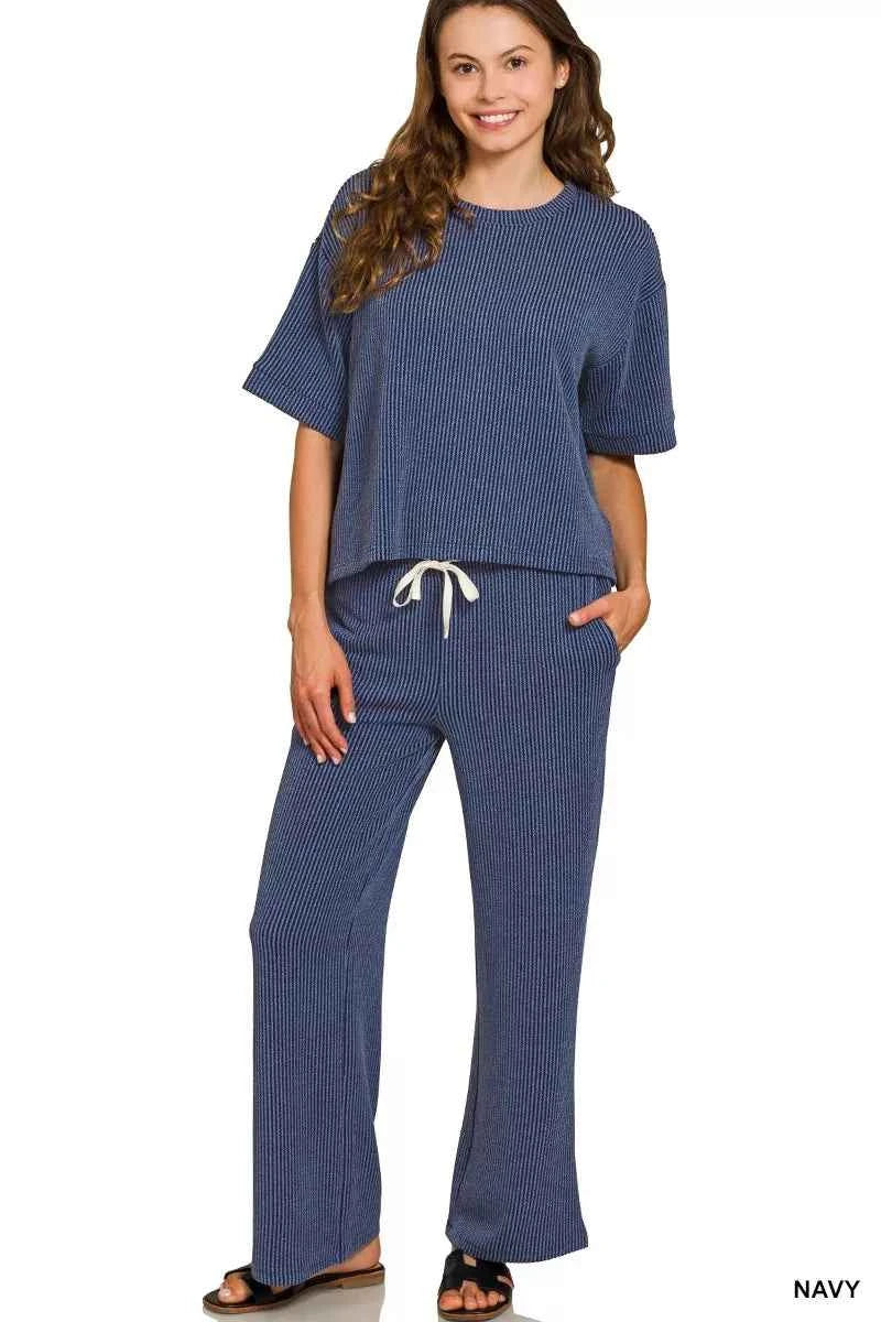 Zenana Raised Rib Short Sleeve Tee & Pants Set NAVY 59dc6230d3ee4162b3f28b6f5d1f0bb2-Max-Origin