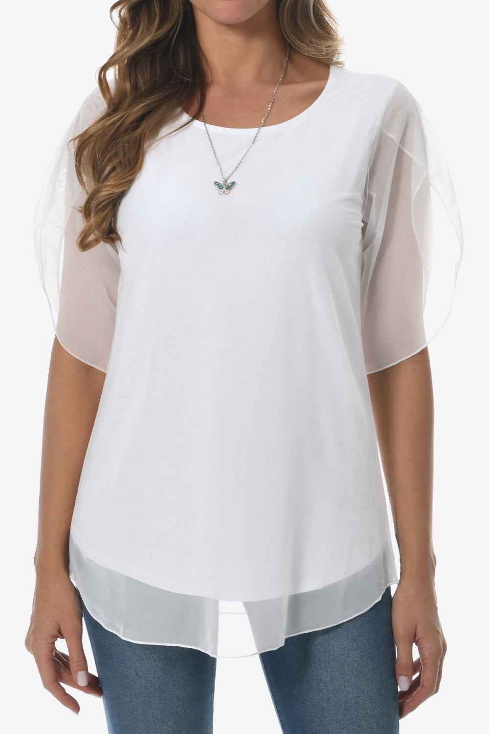 Round Neck Curved Hem Blouse 59deed74120a434cabc40bfa632f06c7-Max