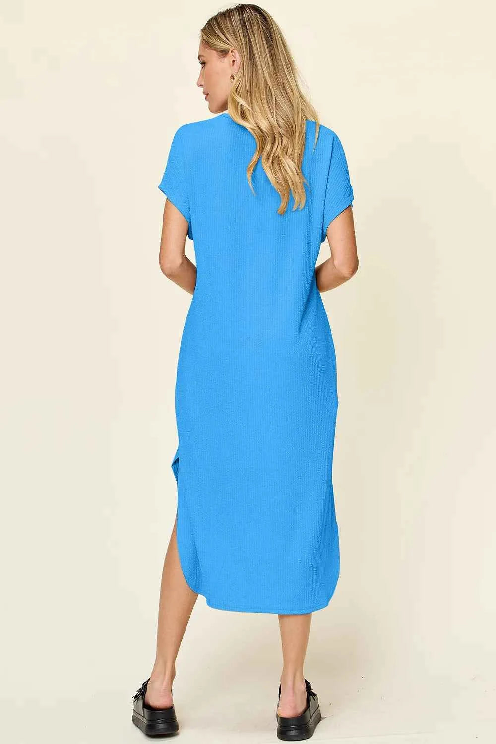 Double Take Full Size Round Neck Short Sleeve Slit Dress 59def10d-519c-438d-a78a-64b2d8d83ee5-Max