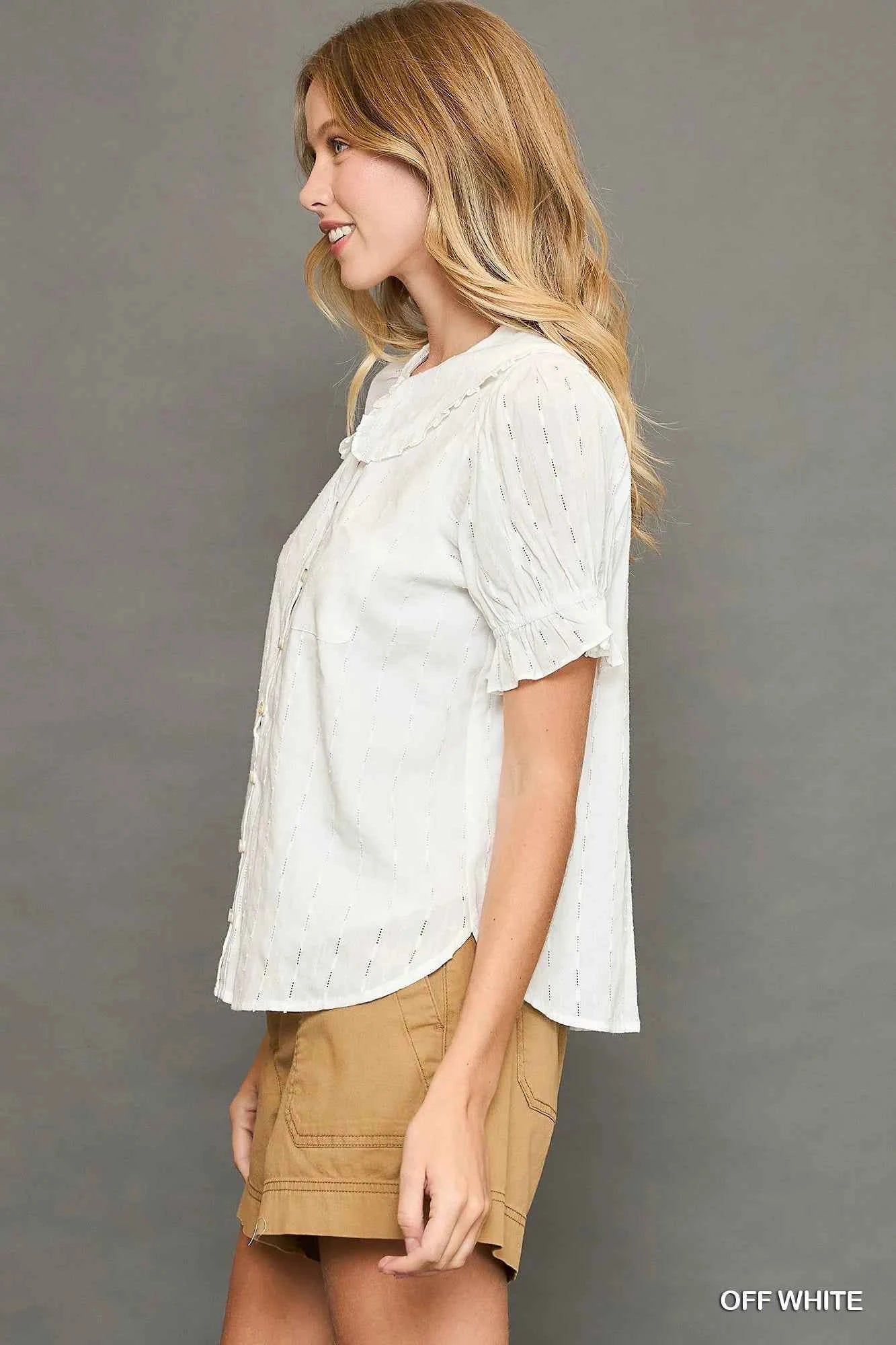 Umgee Peter Pan Collared Button Down Textured Shirt with Ruffled Detail 59e14bb4-01ec-41ad-a779-aa89d5c6f7fb-Max-Origin_93ade49c-8e93-4676-a3a5-baa277fb89bd
