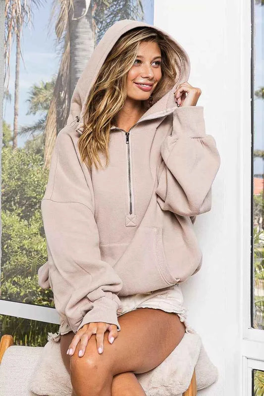 Stitch Detailed Elastic Hem Half Zip Fleece Hoodie TAUPE 59ea0b89-1859-46ef-8862-bfac3b70eb26-Max-Origin