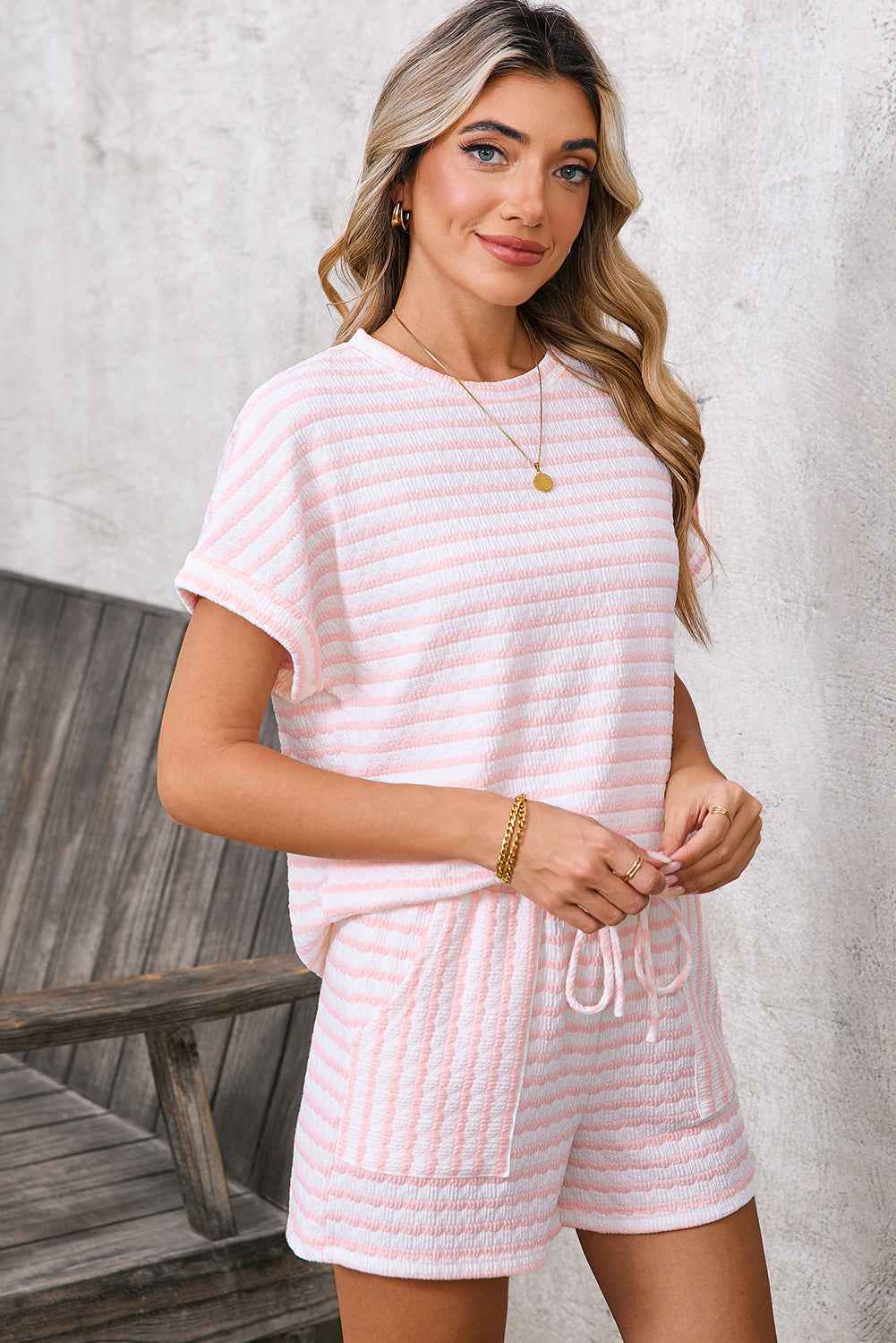 Sky Blue Striped Print Short Sleeve Top and Pocket Shorts Set 59ee175abc1b9419