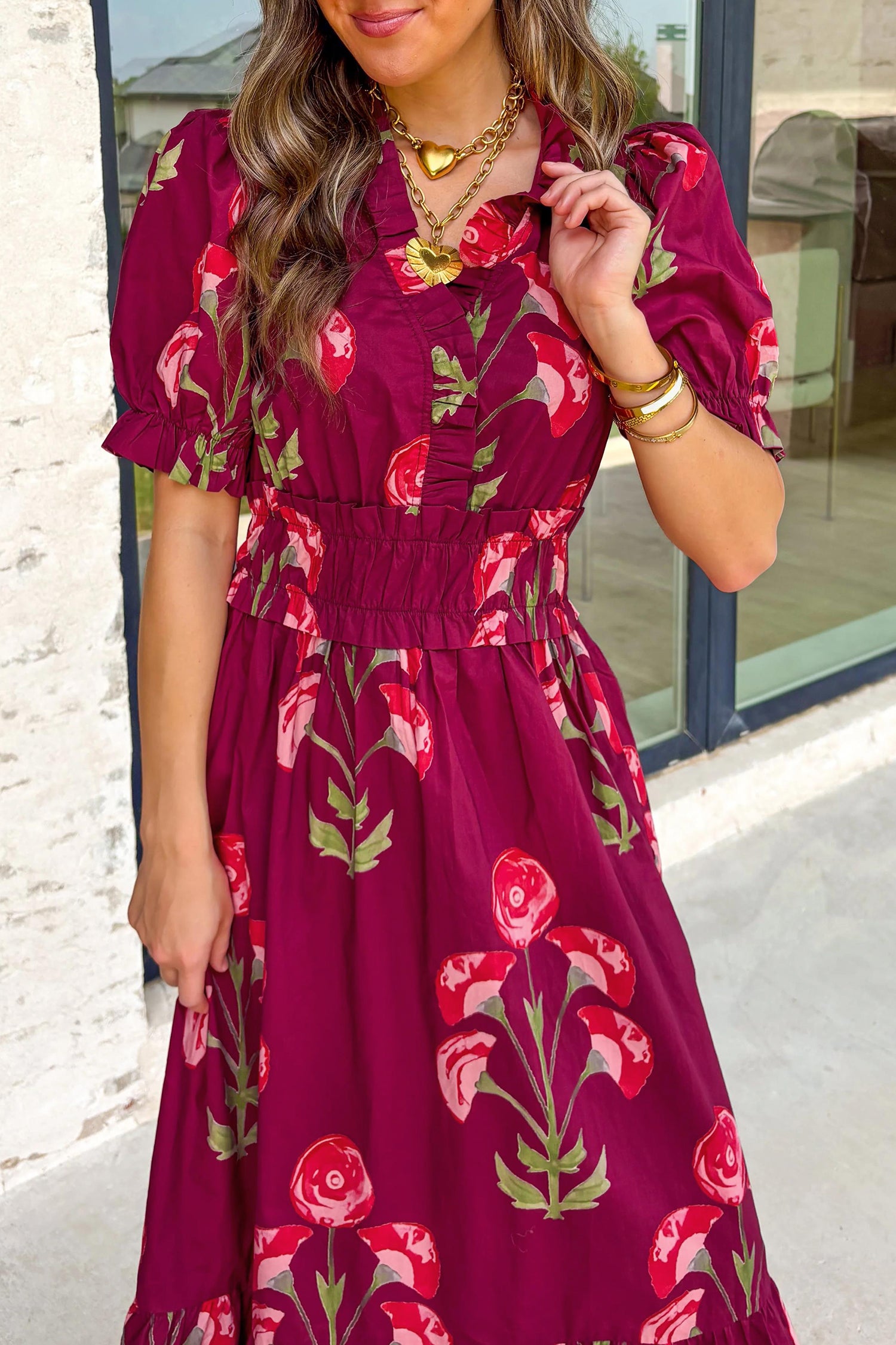 Red Floral Print Frilled V Neck Short Sleeve Ruffle Maxi Dress 59ee9b6c6885f15e