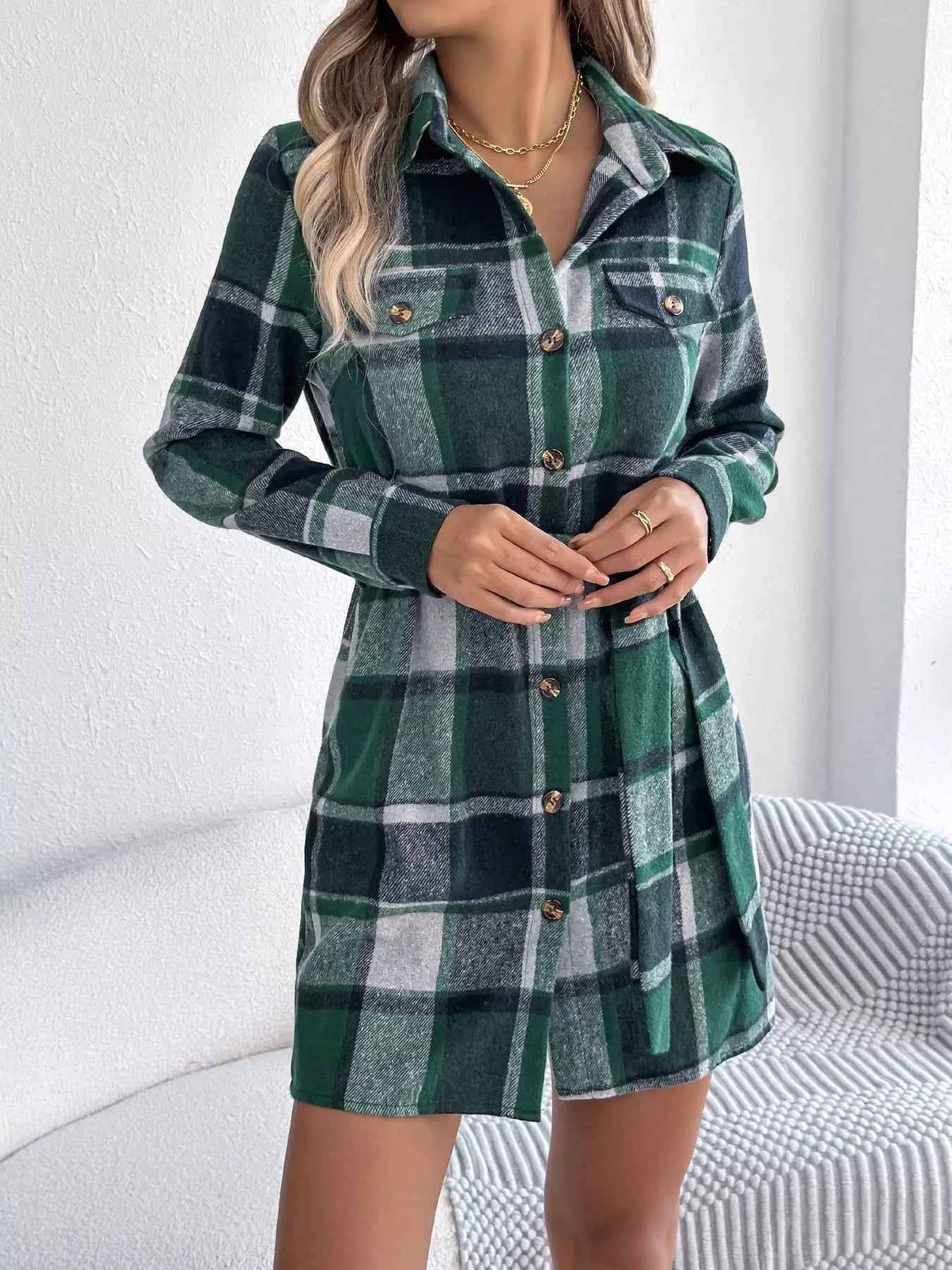 Plaid Button Front Tie Waist Shirt Dress 59f297479c7849a1be4a03742764f353-Max-Origin