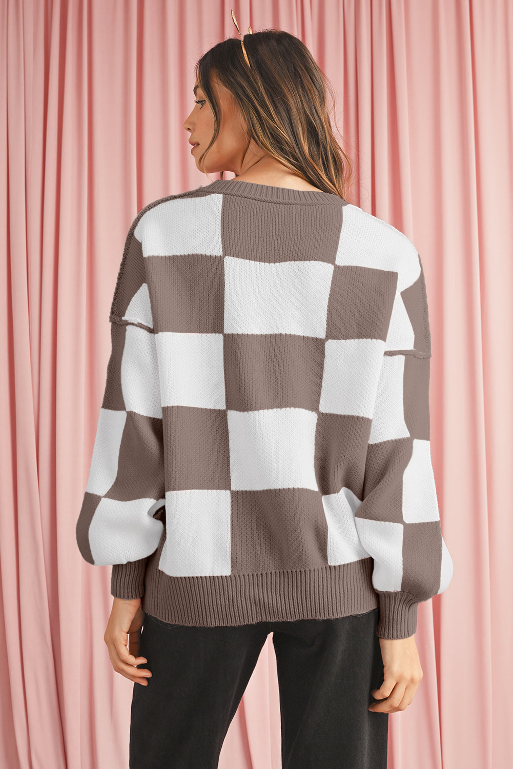 Pink Checked Bishop Sleeve Pullover Sweater 59f2bb732ddb5091