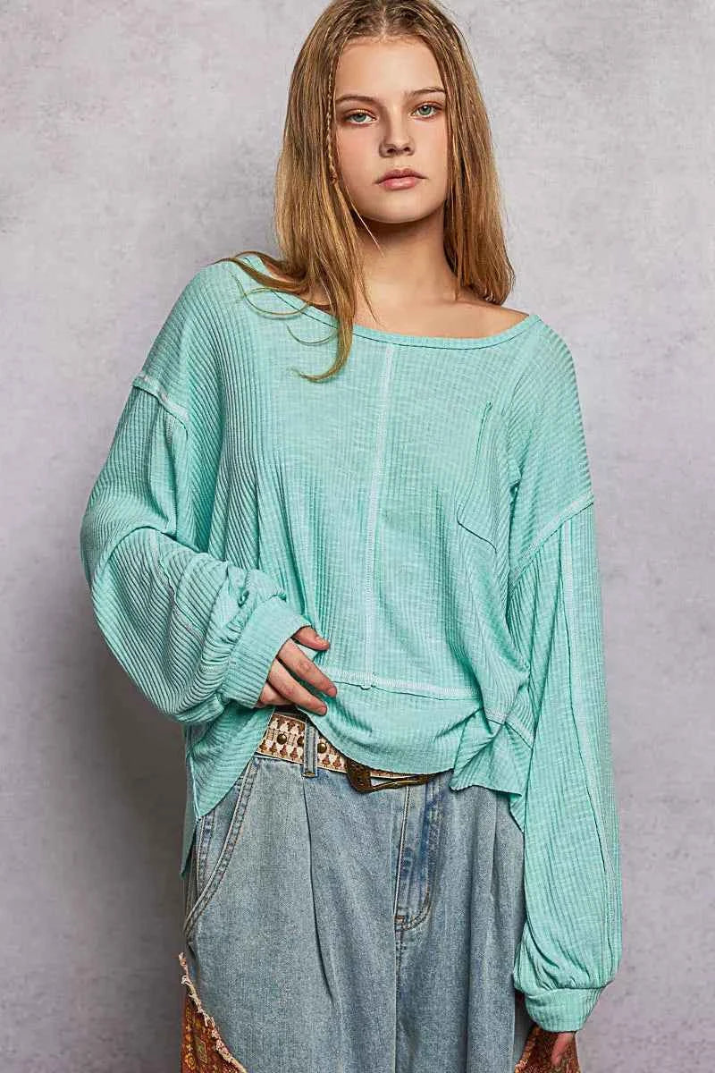 Round Neck Long Sleeve Exposed Seam Top with Chest Pocket 59f336f6-7c8a-4982-97a3-2d2c05ba2d33-Max-Origin
