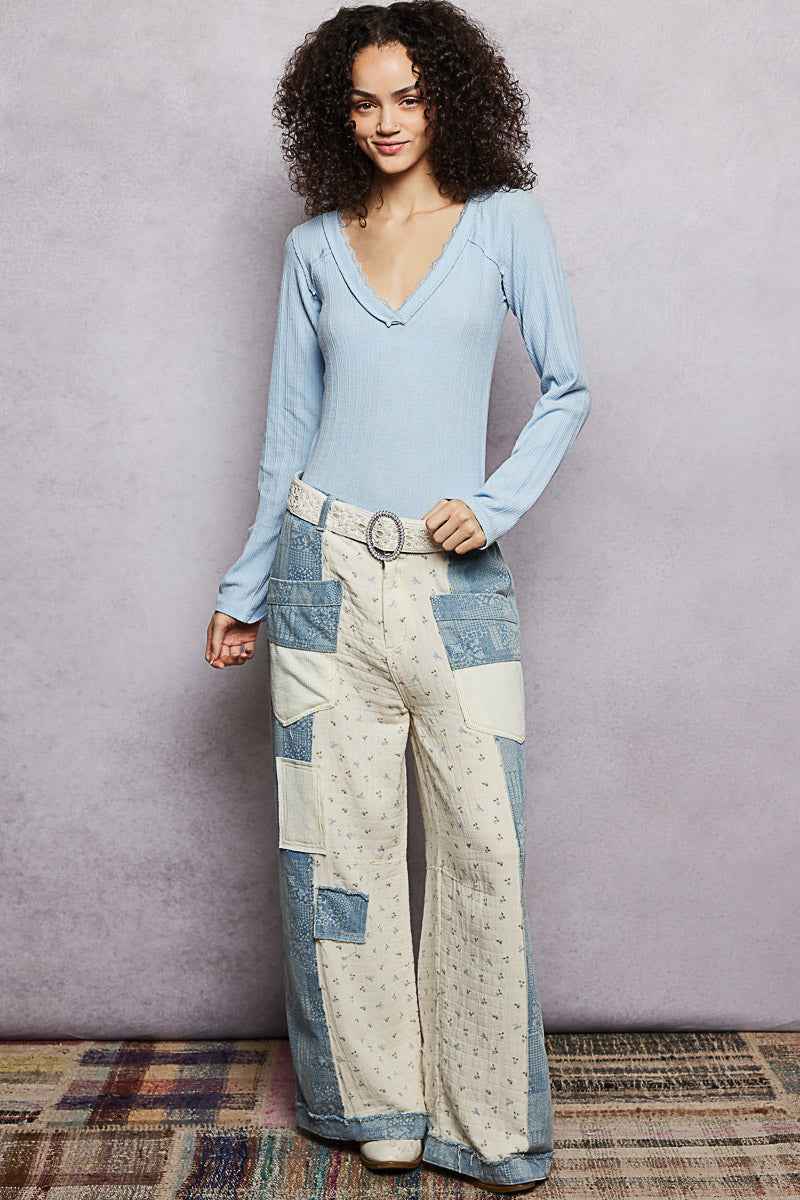 POL V-Neck Long Sleeve Ribbed Top with Lace-Accent Neckband 59f8108f-1923-432d-9073-7cf9a4ecb100-Max