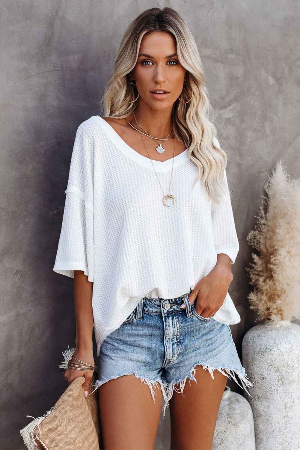Blue Exposed Seam Drop Sleeve V Neck Waffle Textured Top 59fa2d0e8135bc3e