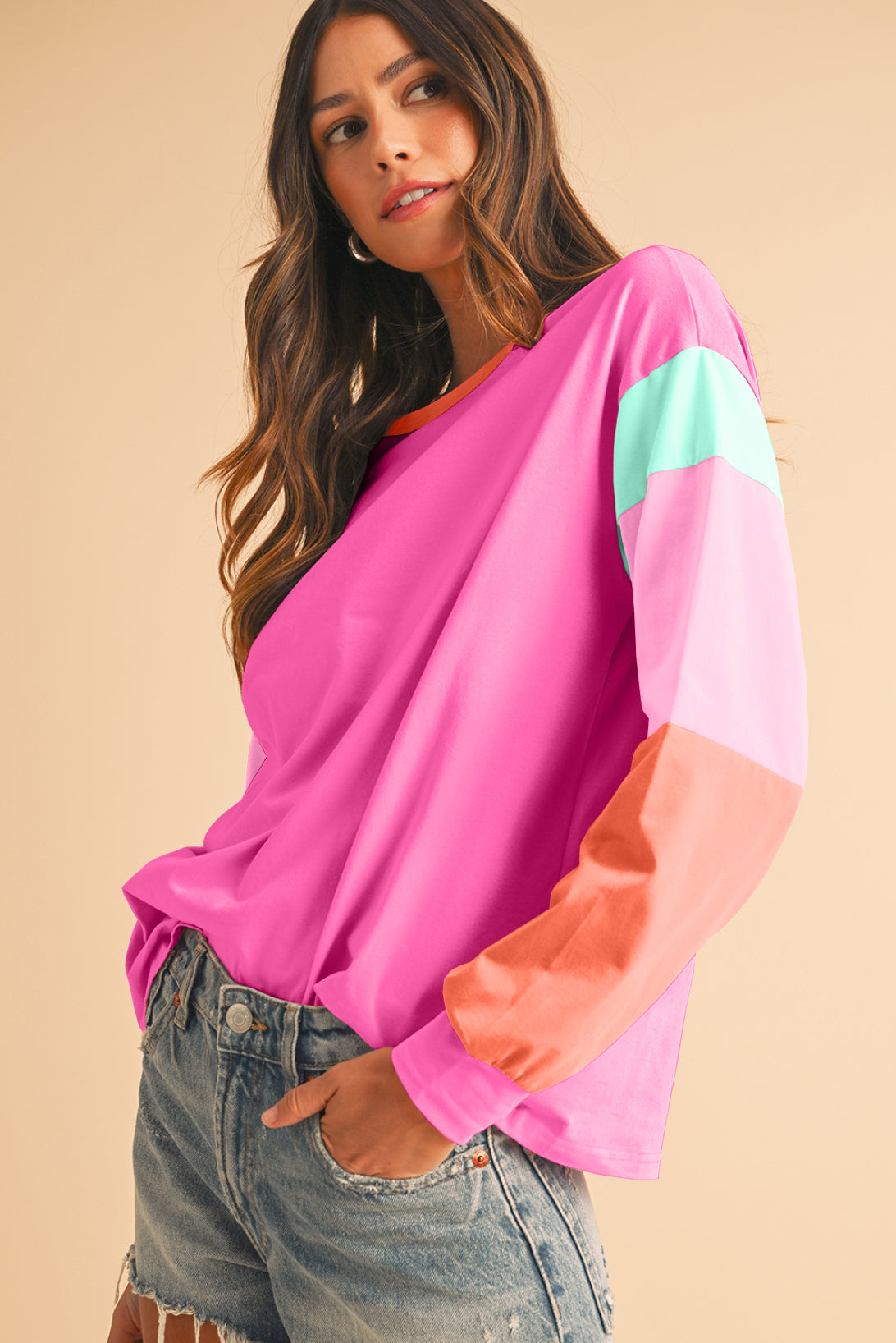 Green Color Block Sleeve Loose Fit Top 59fdd898b94beec9