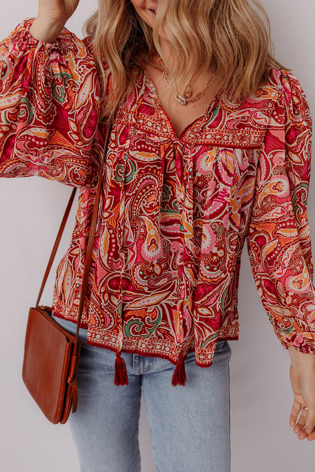 Multicolour Ethnic Paisley Print Tassel Tie Puff Sleeve Boho Blouse 59ff133005f2d1a4