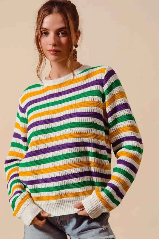 Mardi Gras Color Stripe Knit Sweater Top 5a005be8b4134138b9db6044b744a948-Max-Origin