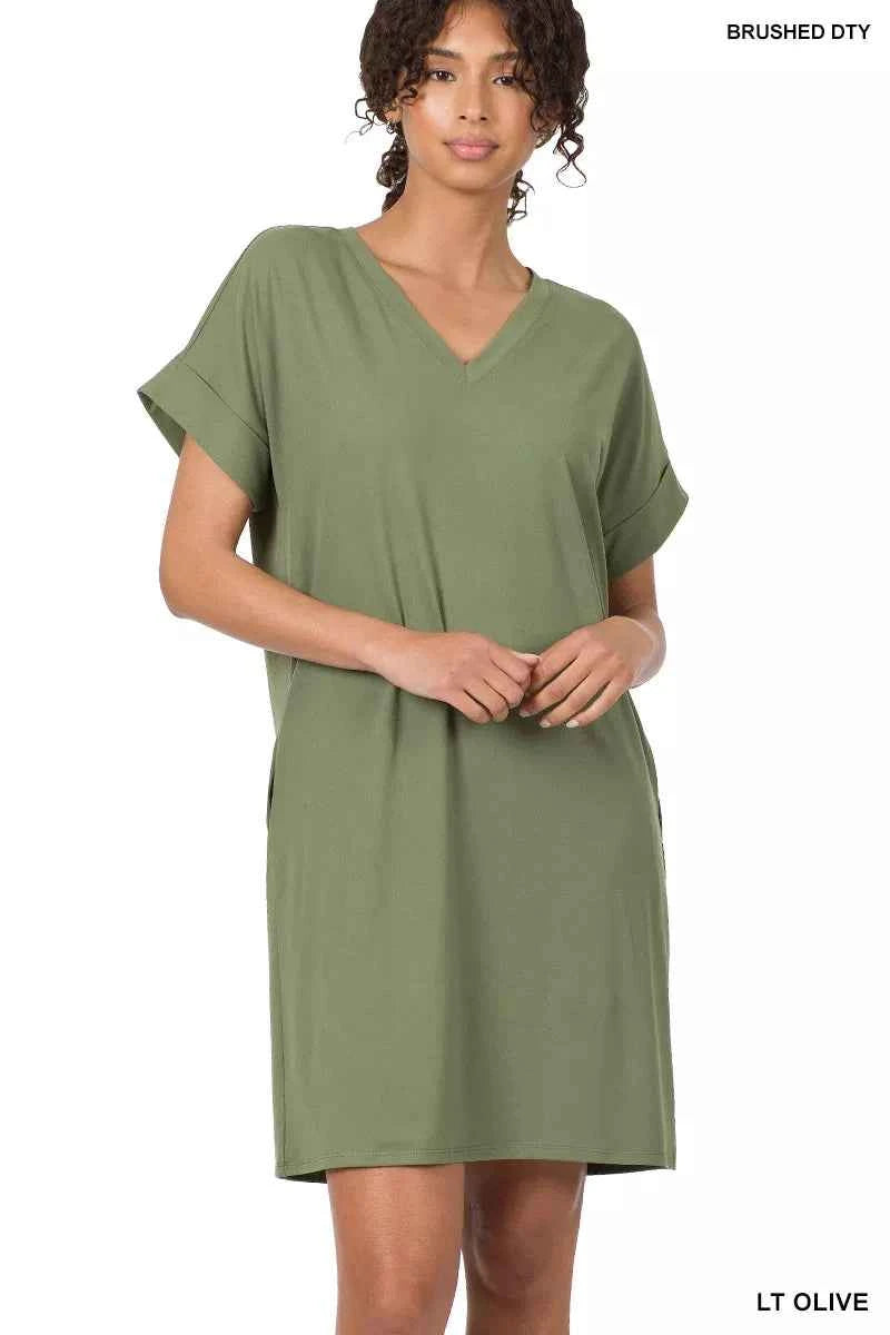 Zenana Brushed Dty Rolled Short Sleeve V-Neck Dress 5a034462-d893-4529-b21e-4ce4a2b7d036-Max-Origin