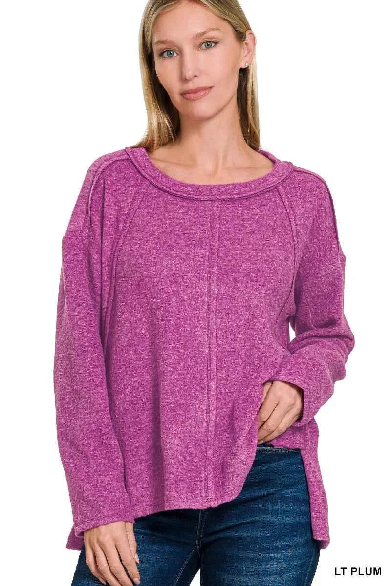 Zenana Brushed Hacci Exposed Seam Hi Low Sweater LT PLUM 5a06a9b878a64dc3bd28285f6bfd674a-Max-Origin