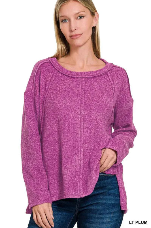 Zenana Brushed Hacci Exposed Seam Hi Low Sweater LT PLUM 5a06a9b878a64dc3bd28285f6bfd674a-Max-Origin