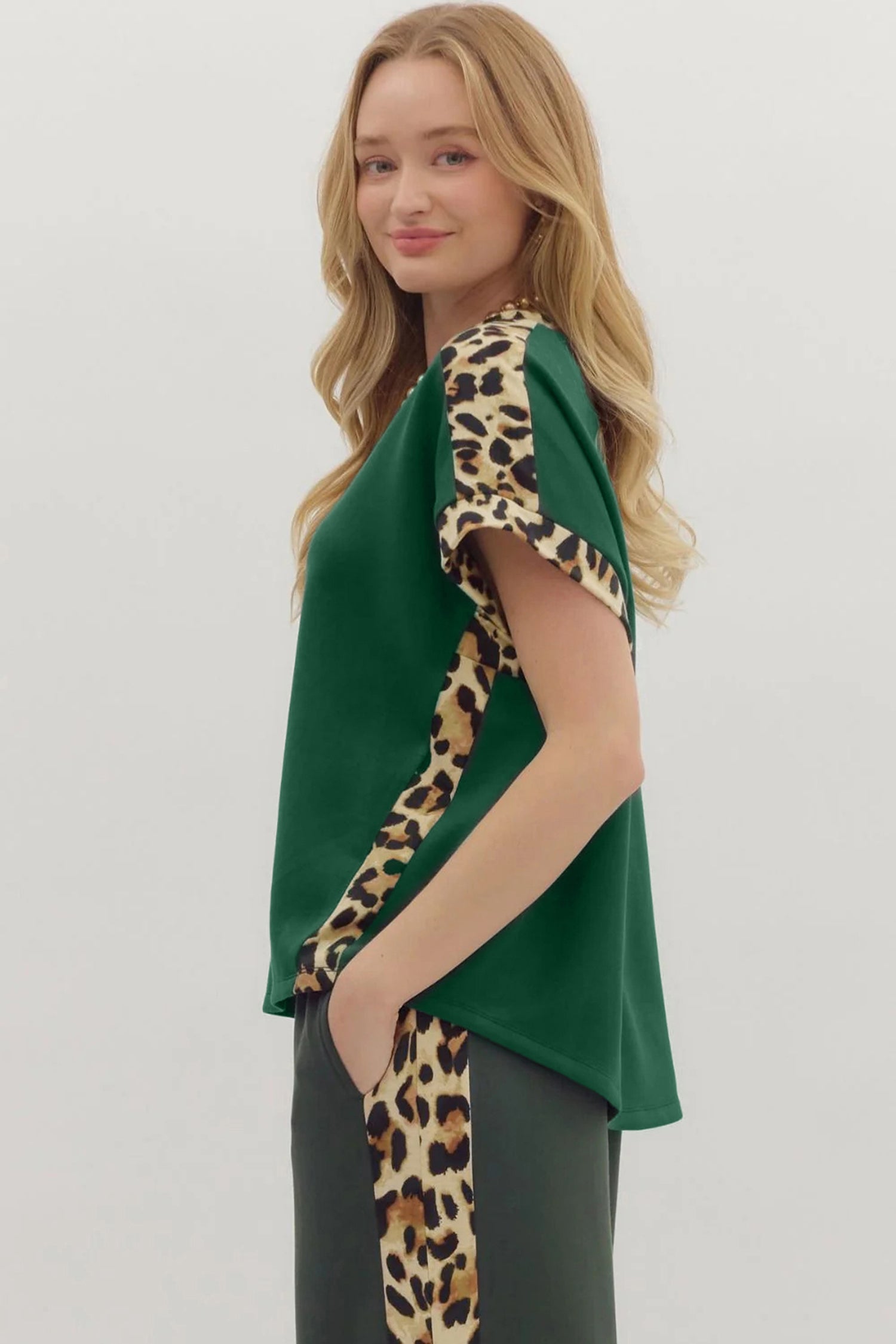 Sea Green Leopard Trim Round Neck Loose T Shirt 5a11c8cd719e5dba