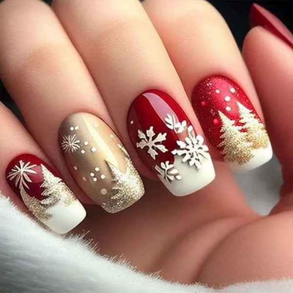 Christmas Press on Nails Medium Red French Gold One size 5a13d75f-e5a5-4c97-b6d9-e1bfab986bf6