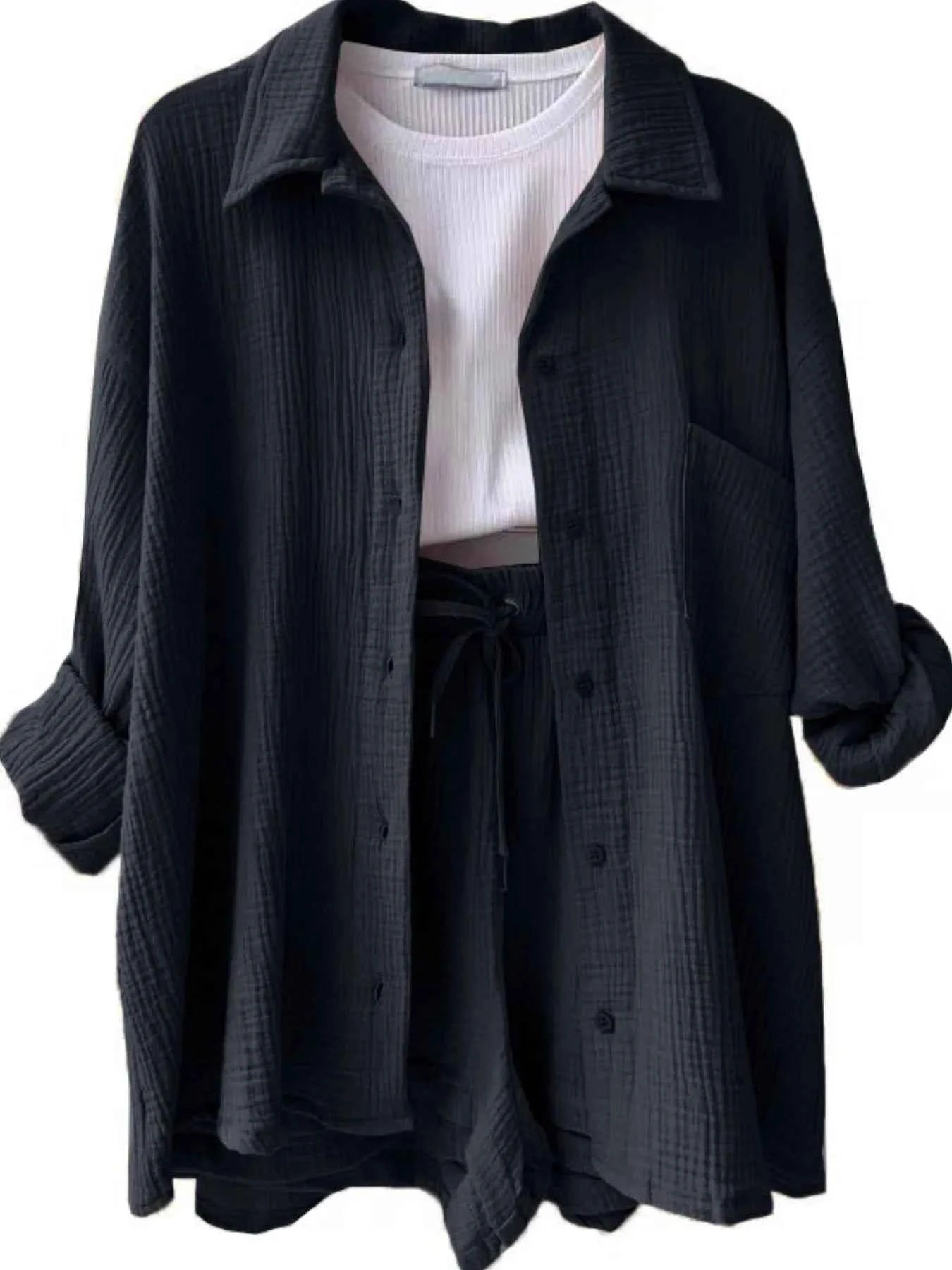 Textured Button Up Shirt and Shorts Set Dark Gray 5a162d9c-7927-49f9-bc26-14659d30fede-Max-Origin