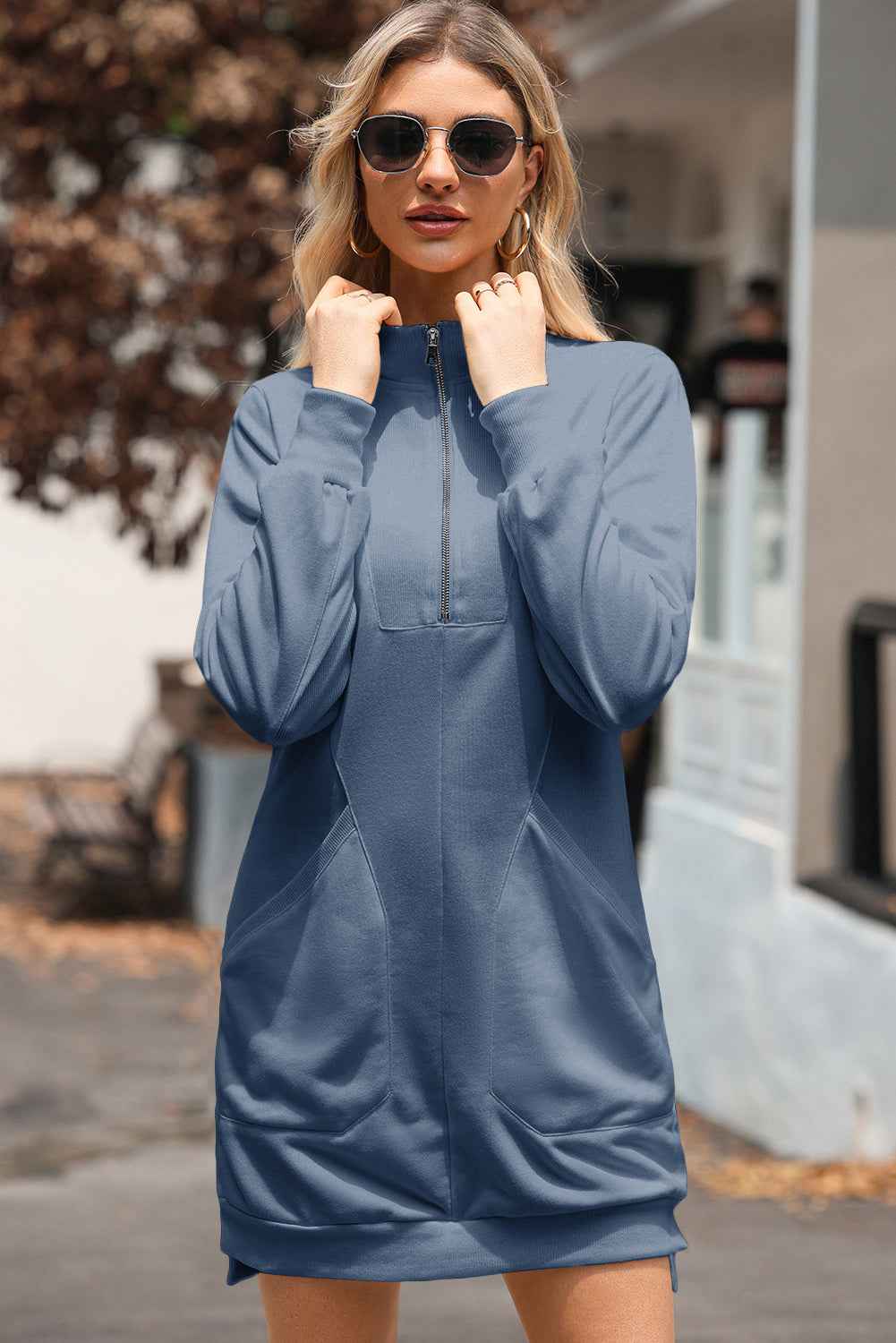 Ivy Zip up Collared Ribbed Patchwork Sweatshirt Dress with Pockets 5a20f686facaf12f