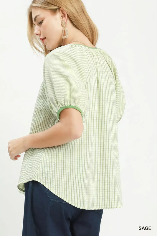 Checker Puff Sleeve Button Front Blouse 5a2a3ba7-0f34-4fc5-84fa-fe9d9e621d91-Max-Origin