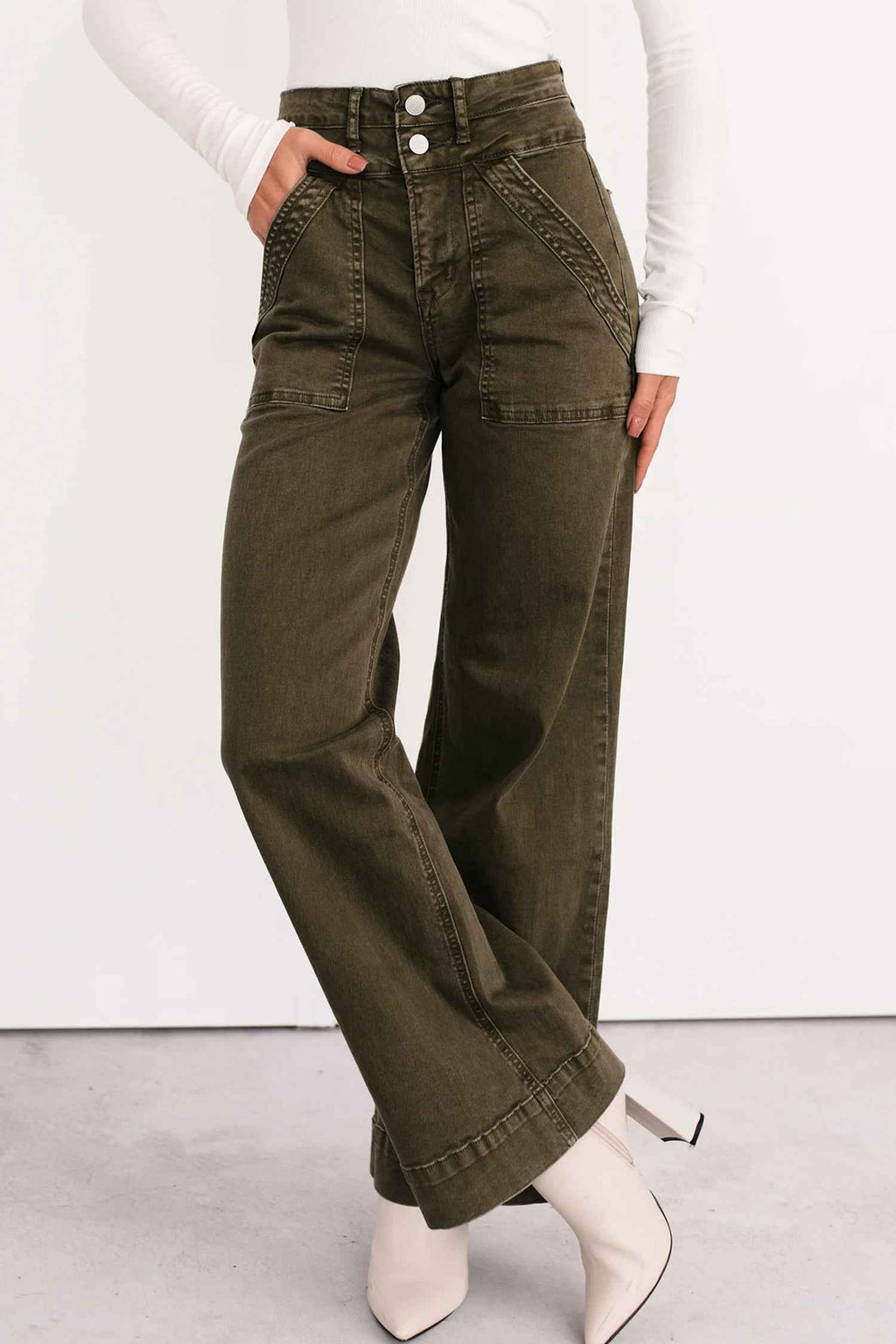 Jungle Green Double Waistband Loose Straight Jeans 5a2d750eeb7df5c7